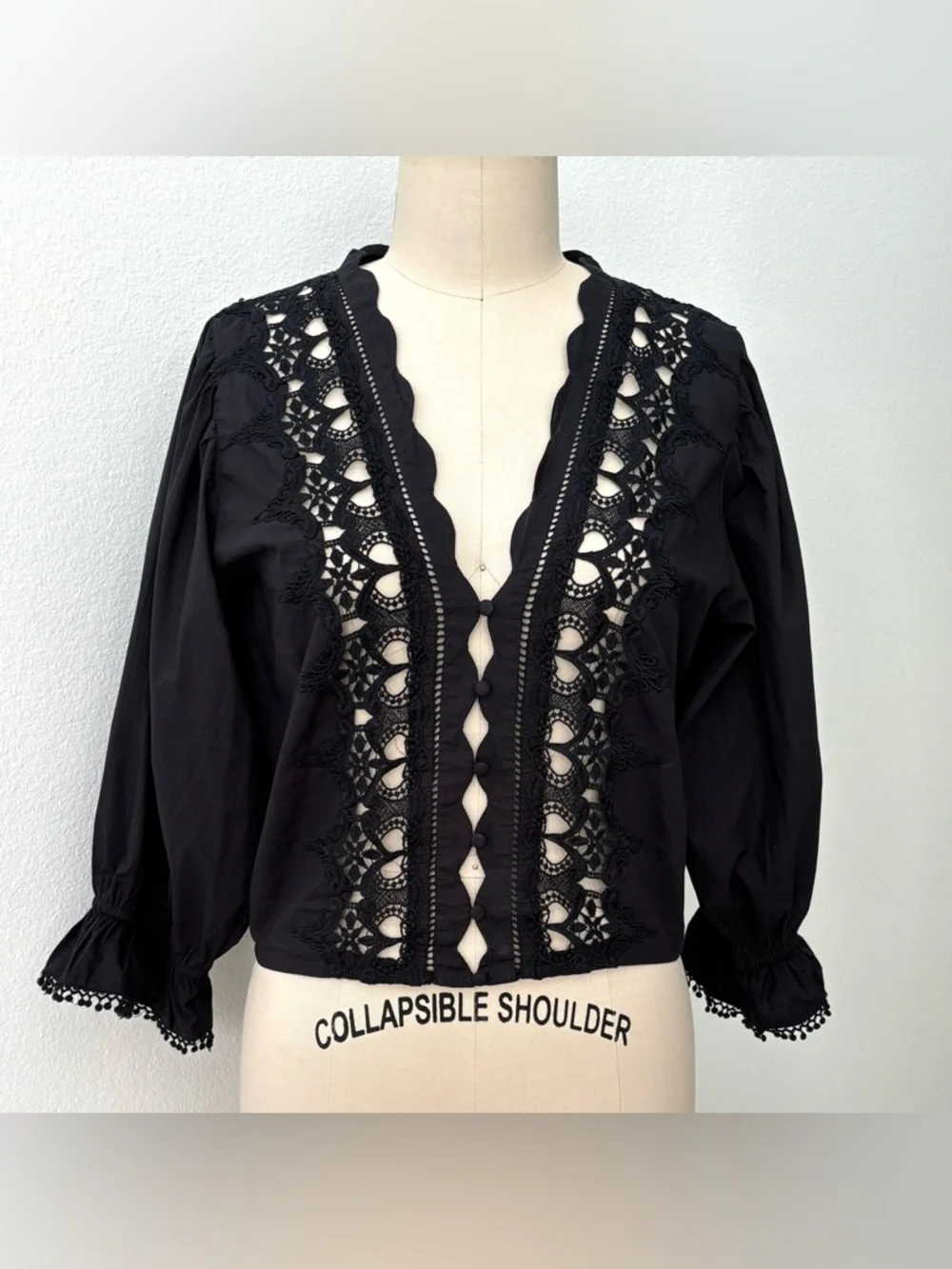 Free People Louella Embroidered Top NWT Black Cotton Cropped Scalloped L
